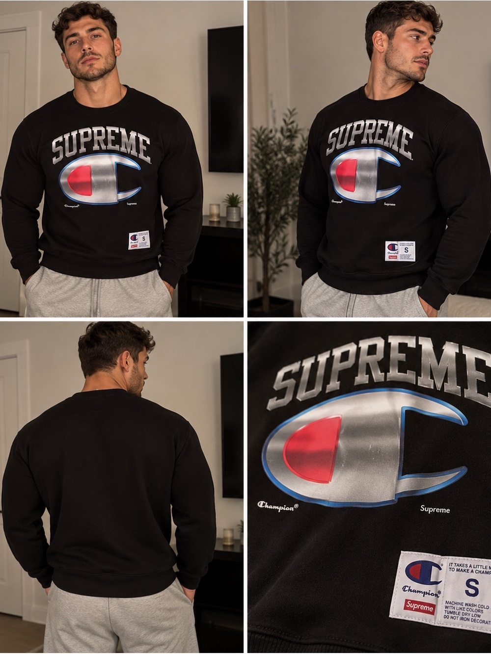 Supreme Black and Silver Crewneck Sweater